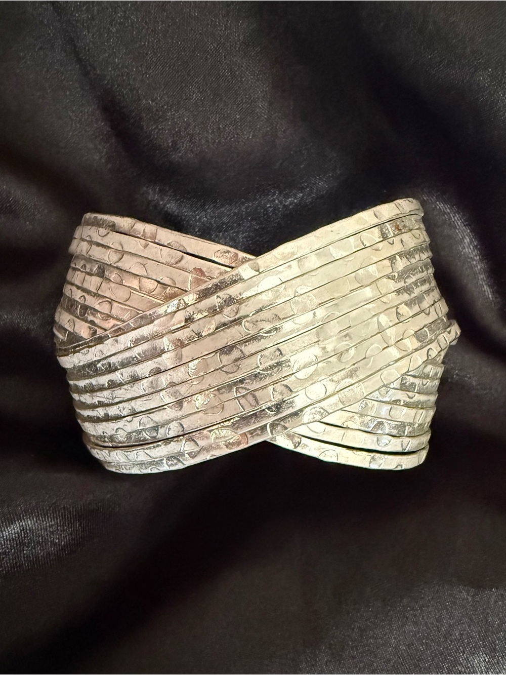 Silver Tone Banded Crossed Wide Cuff Bracelet Witchy Vibes